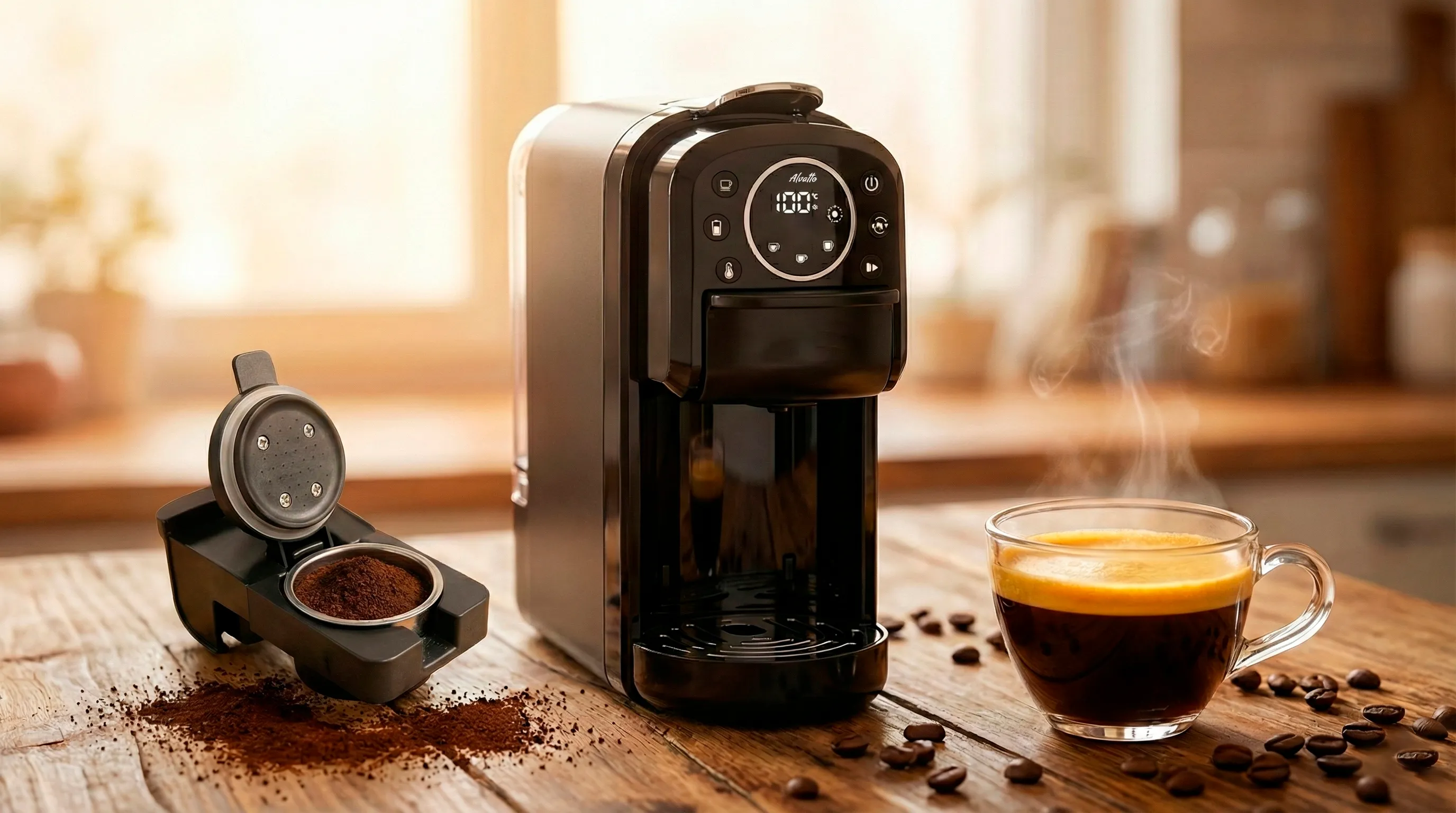 Универсальная кофемашина Alvatto с адаптером для молотого кофе и чашкой эспрессо